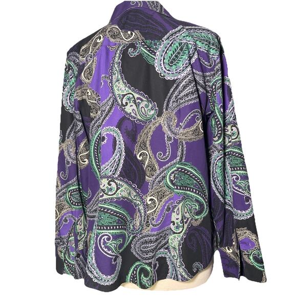Chico’s Size 2/M No Iron Button Up Shirt Purple and Green Paisley 100% Cotton - Picture 4 of 5